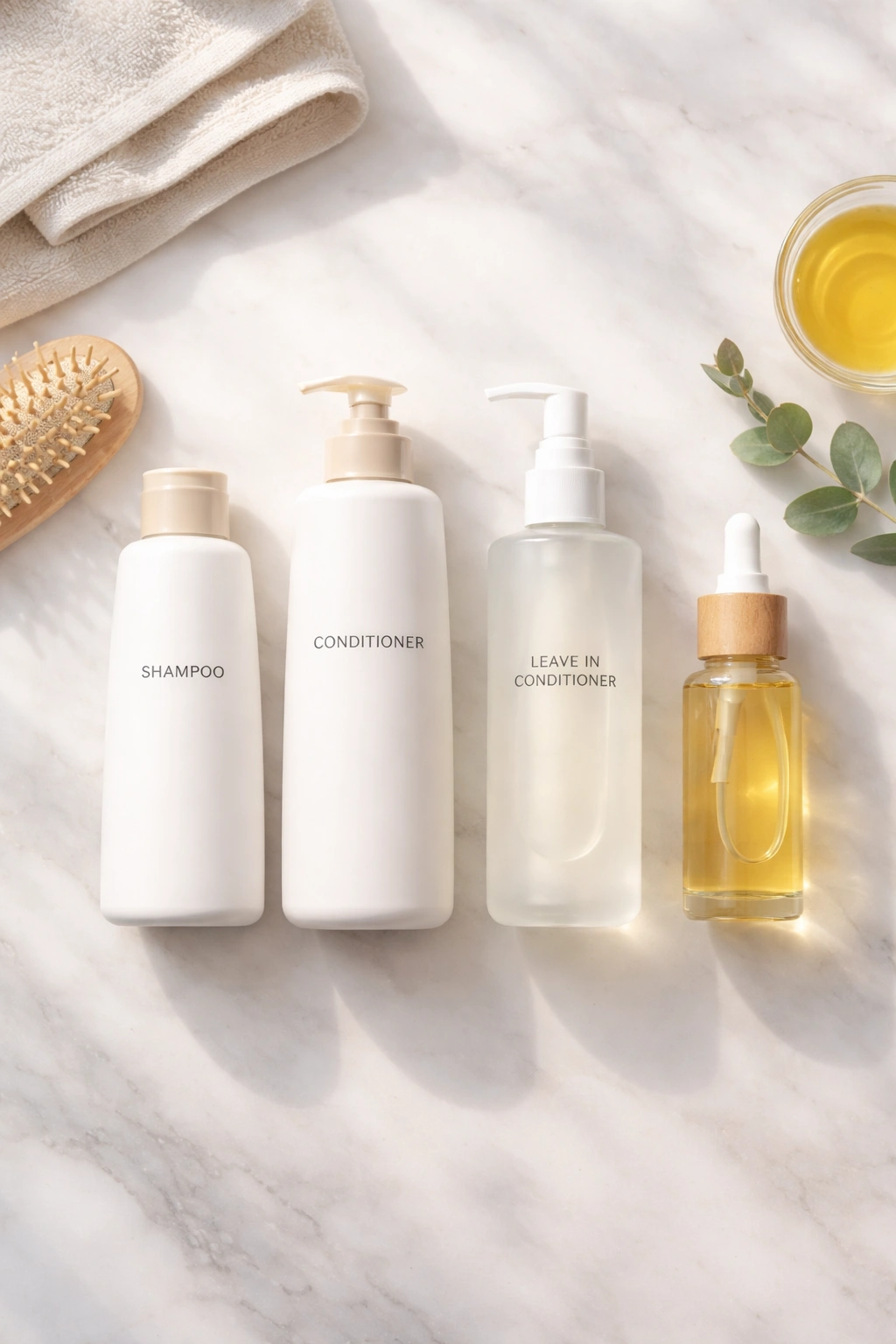 Lineup of hair care products on a white surface representing building a personal hair routine