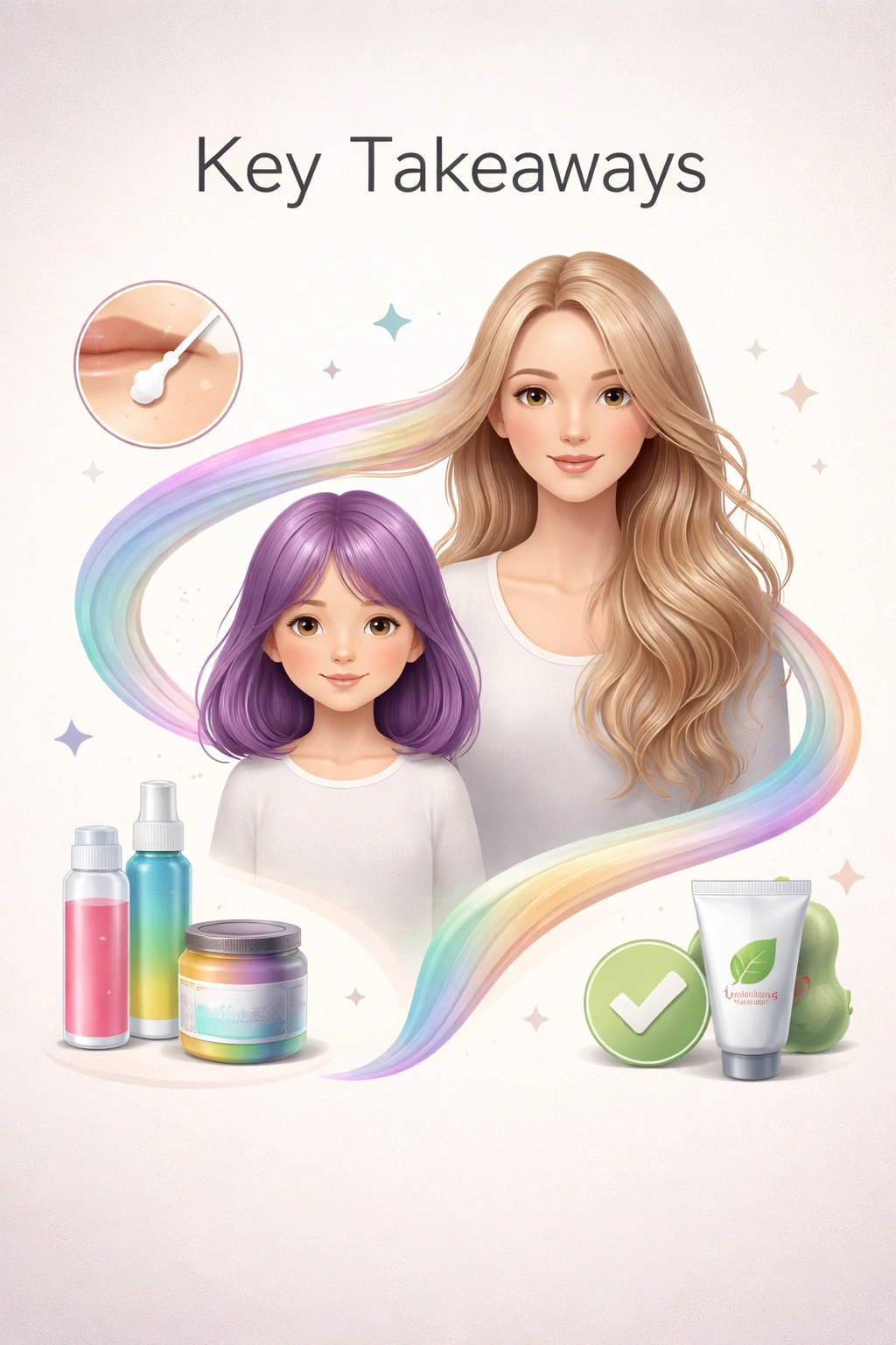 Illustration of a child and an adult silhouette with a hair strand between them and abstract safety symbols, on a neutral background