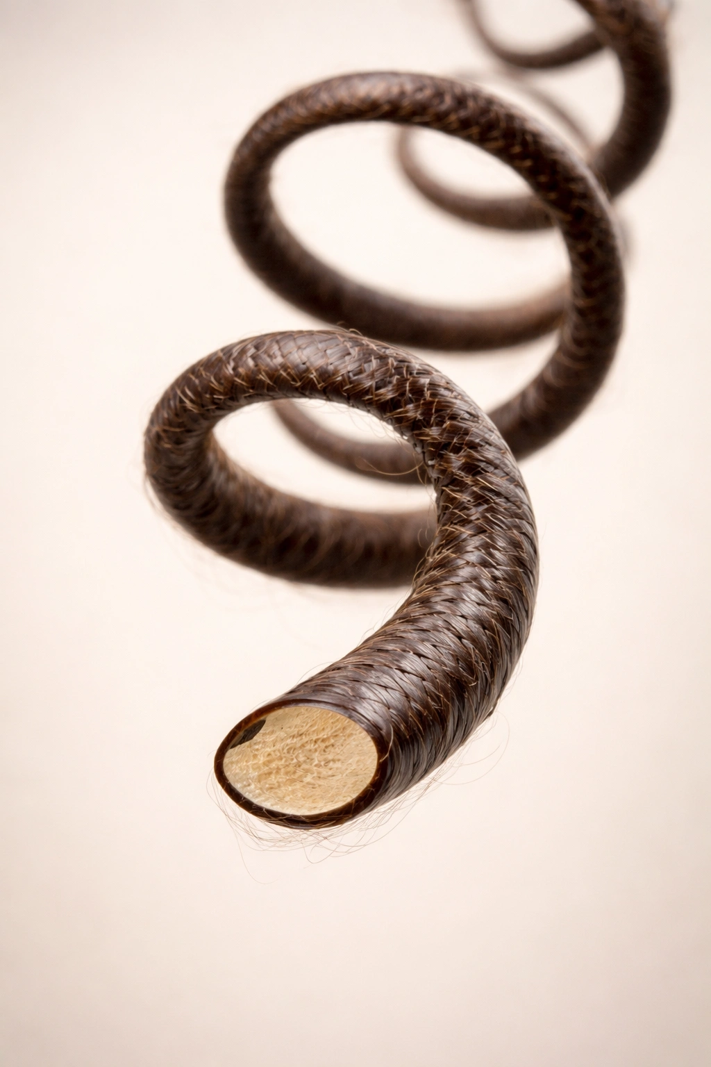 Macro close-up of a single kinky hair strand with flattened cross-section