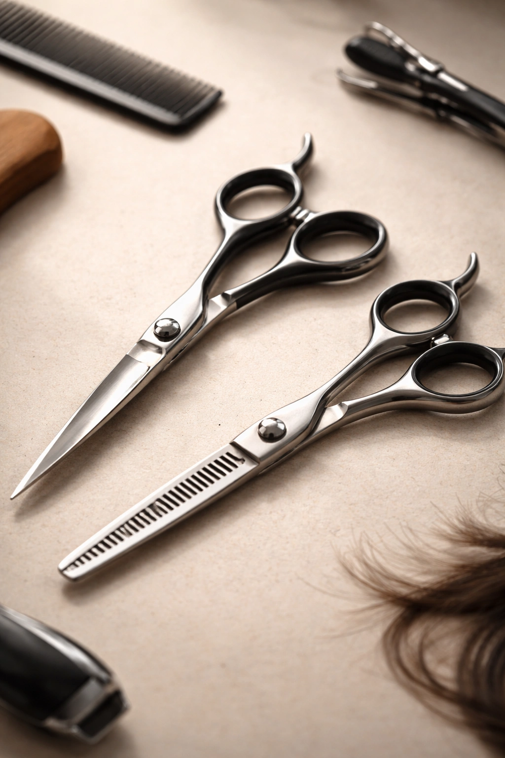 A Step By Step Guide To Trimming Your Own Hair 2 Close-up of professional hair scissors and thinning shears on a clean surface