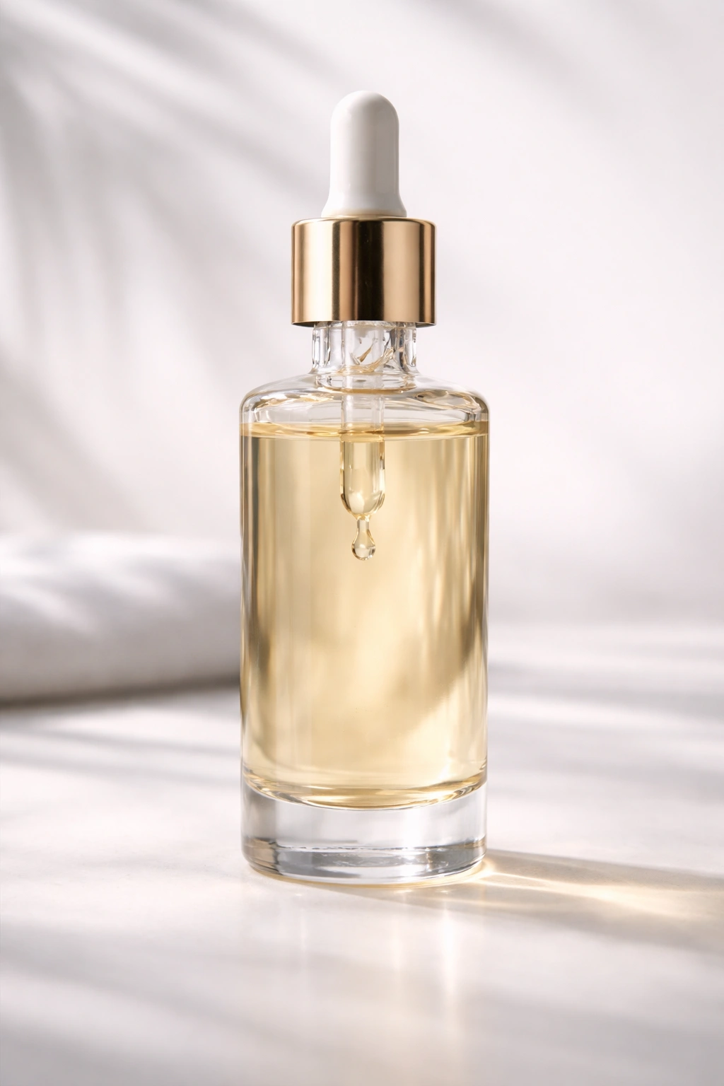 Hair serum bottle with a droplet forming at the nozzle in a minimalist setup