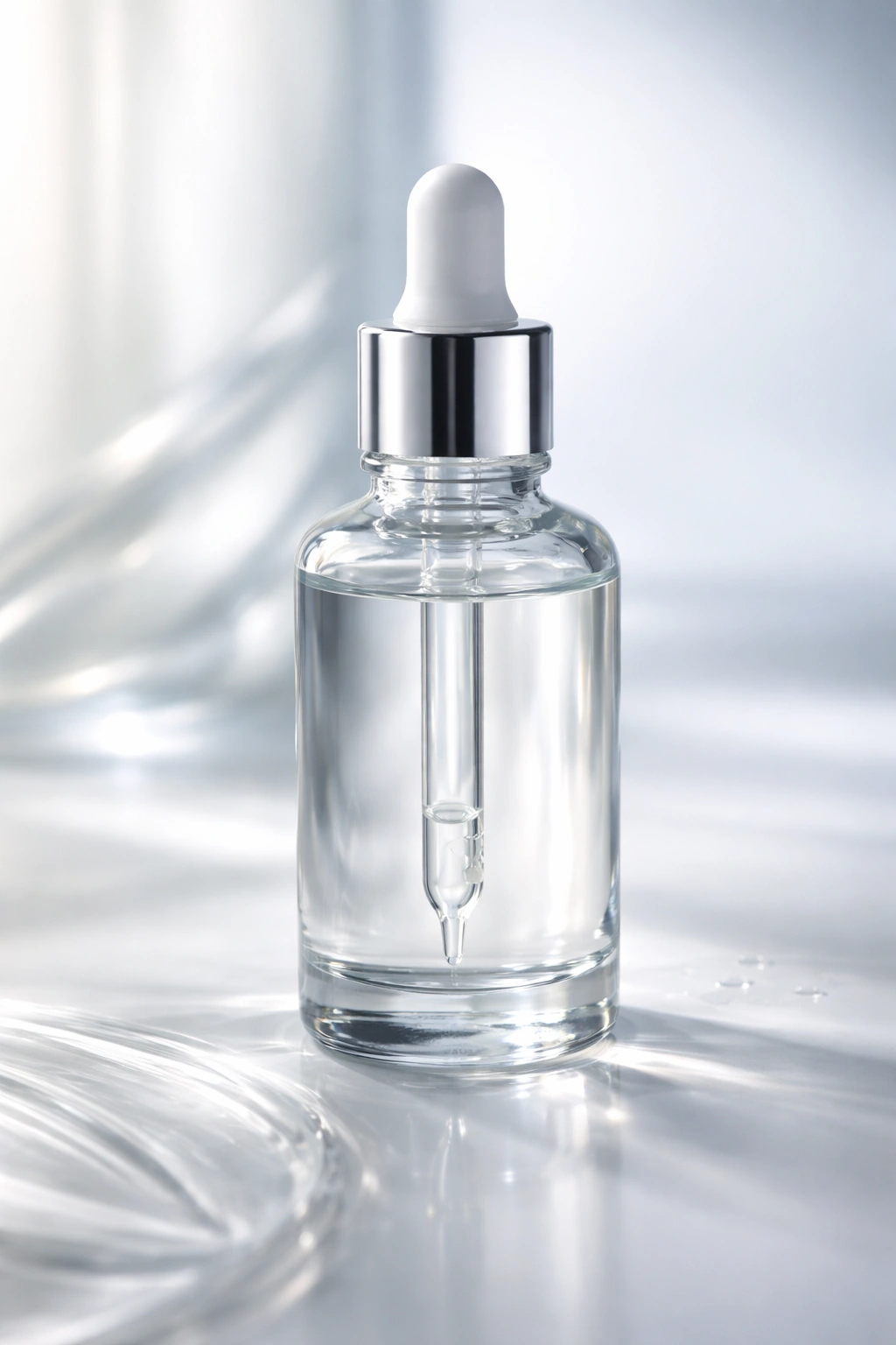 Close-up of a clear glass hair serum bottle with a dropper on a neutral studio background