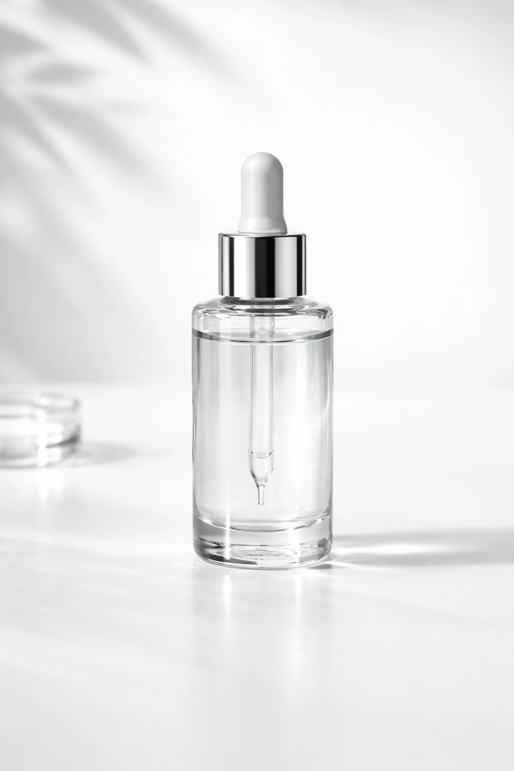 Close-up of a sleek glass hair serum bottle on a white studio surface