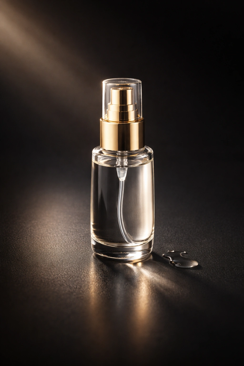Glossy hair serum bottle on a dark reflective surface with soft highlight