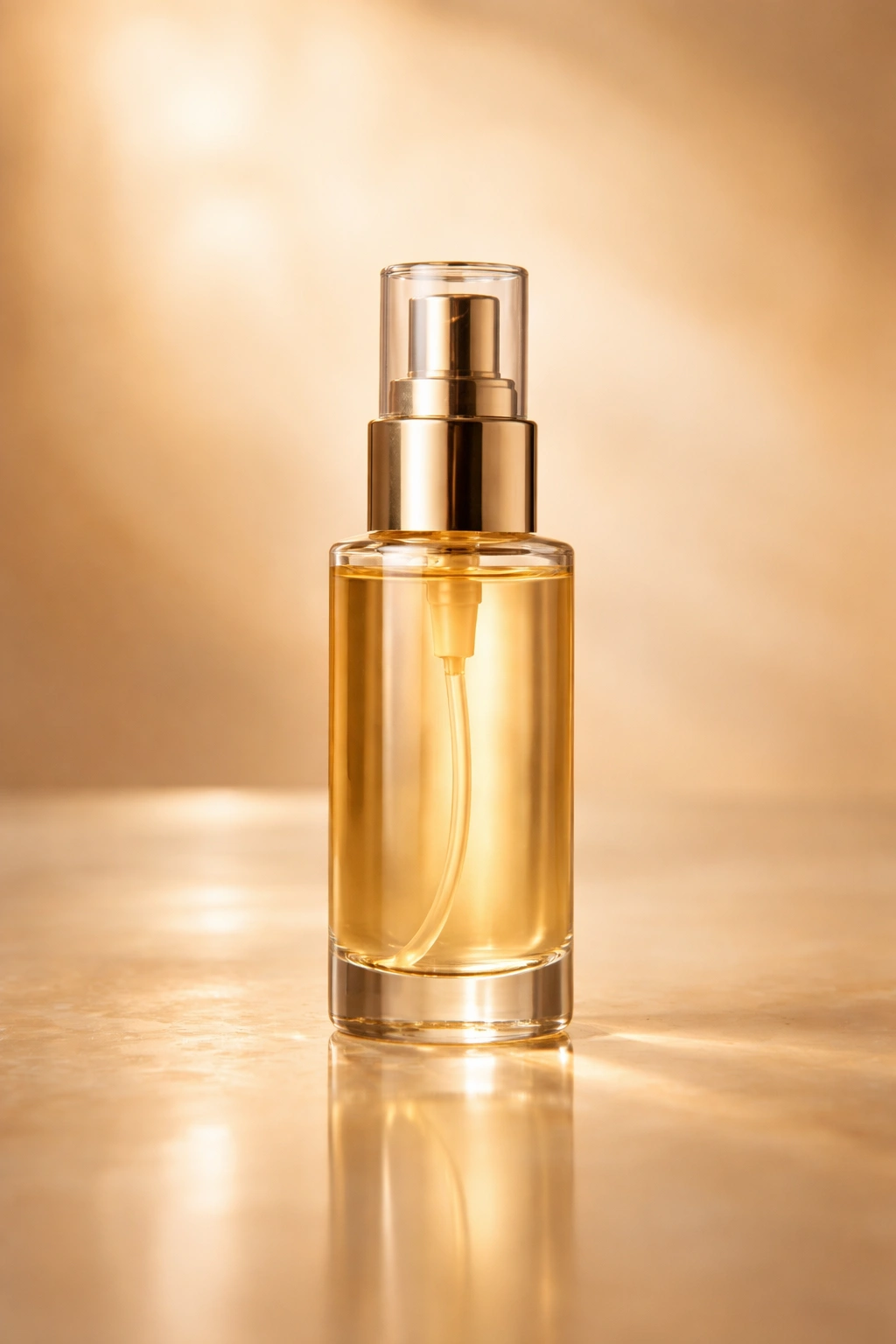 Hair serum bottle on warm lit background with reflection