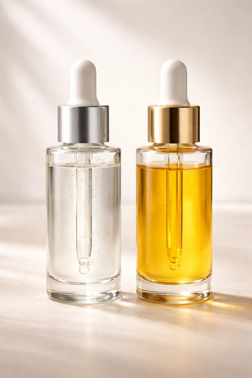 Two glass bottles containing serum and oil on a plain backdrop for comparison
