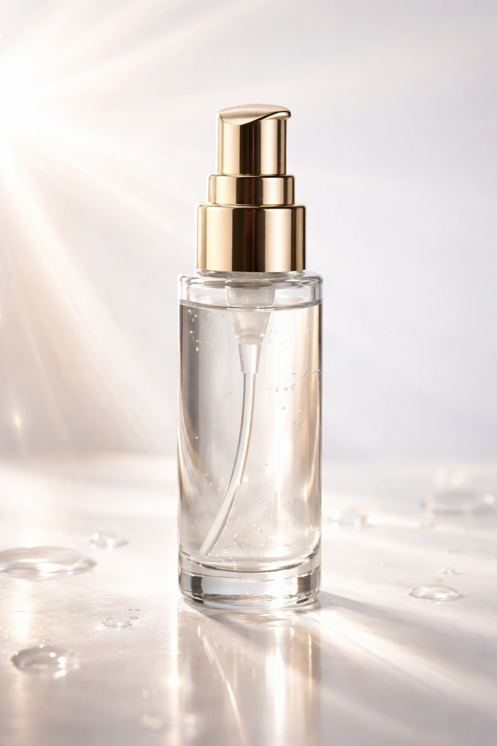 Glossy hair serum bottle with reflective highlight on a plain background