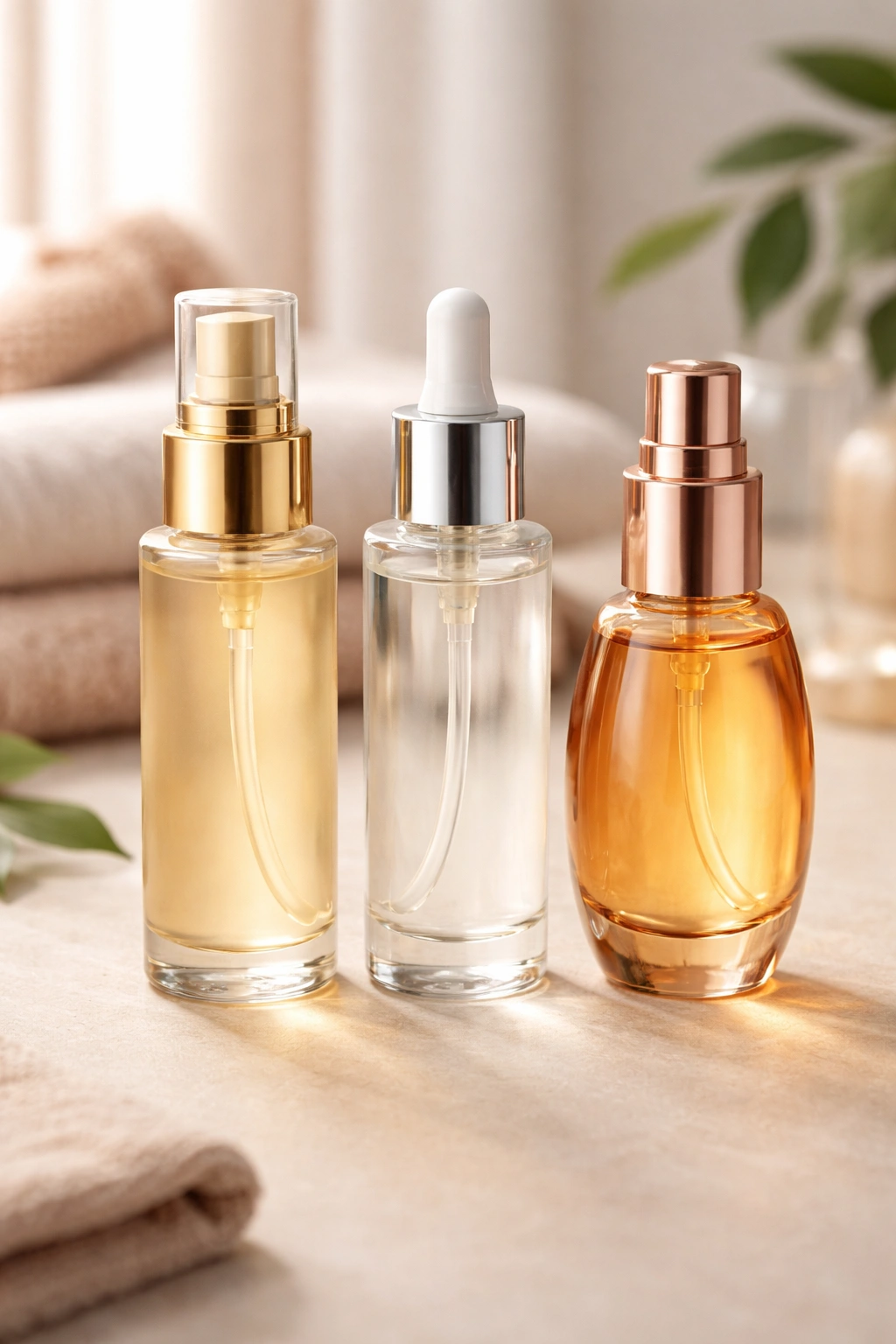 Row of three different-shaped hair serum bottles on a neutral surface