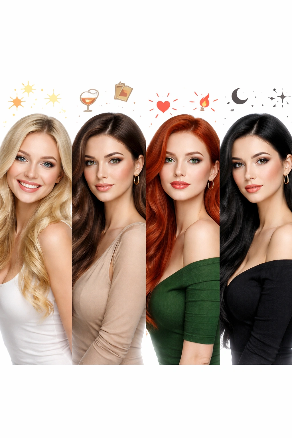 Four hair-color silhouettes representing stereotypes of blonde, brunette, red, and black hair