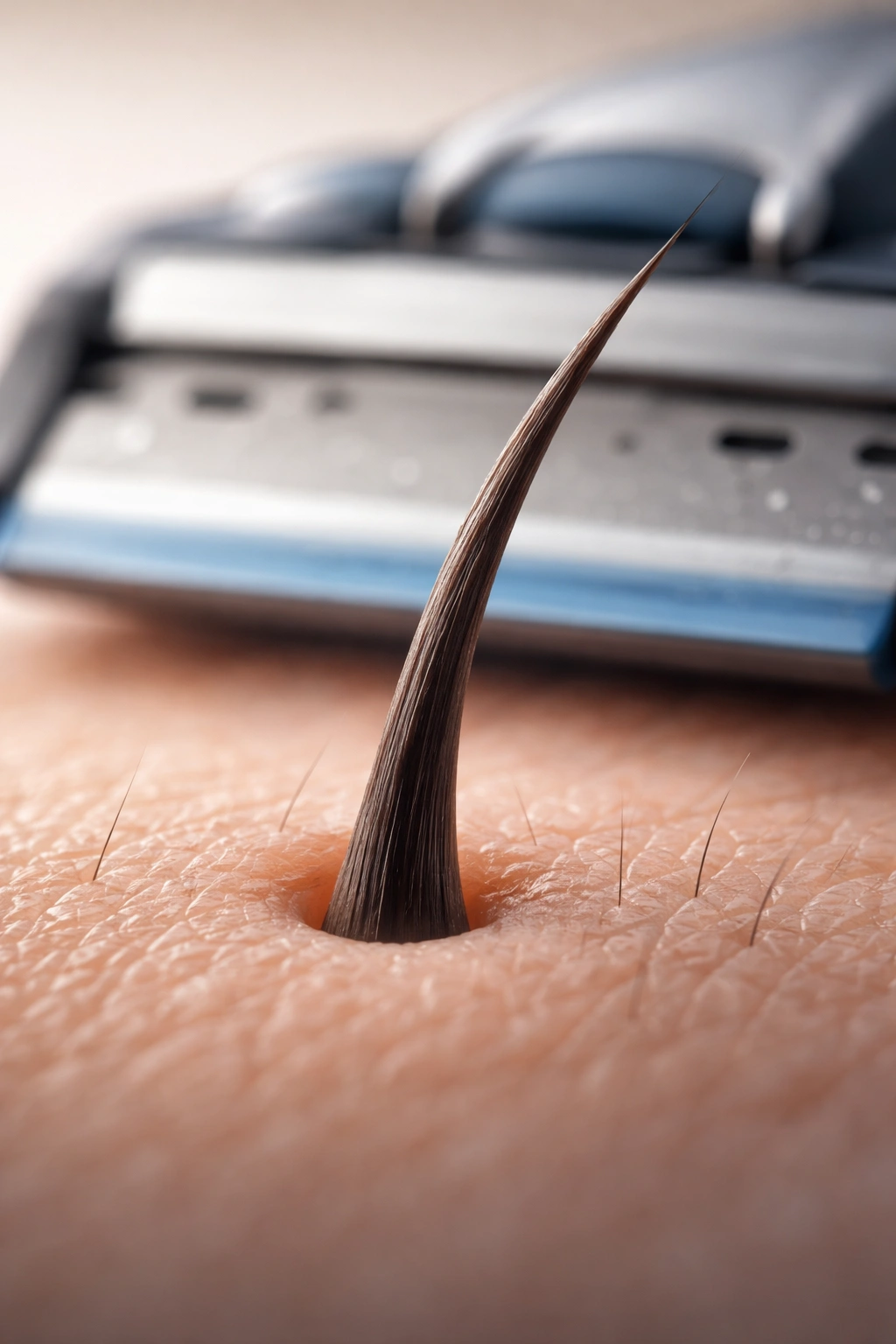 Close-up of a hair on skin with a razor in the background illustrating shaving myth