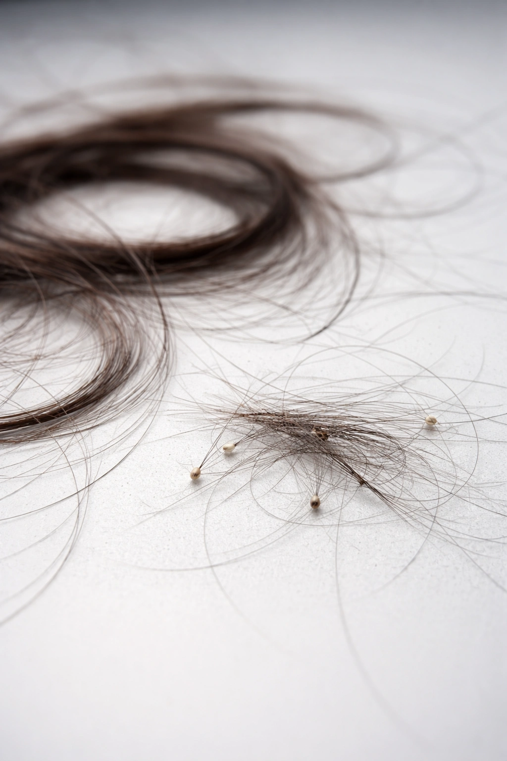 Close-up of hair strands showing shedding on a neutral surface