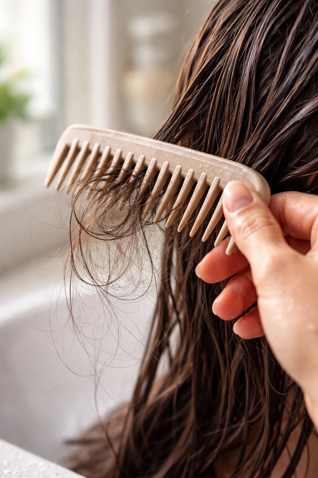 Close-up of a wide-tooth comb through wet hair showing loose strands to illustrate minimizing shedding