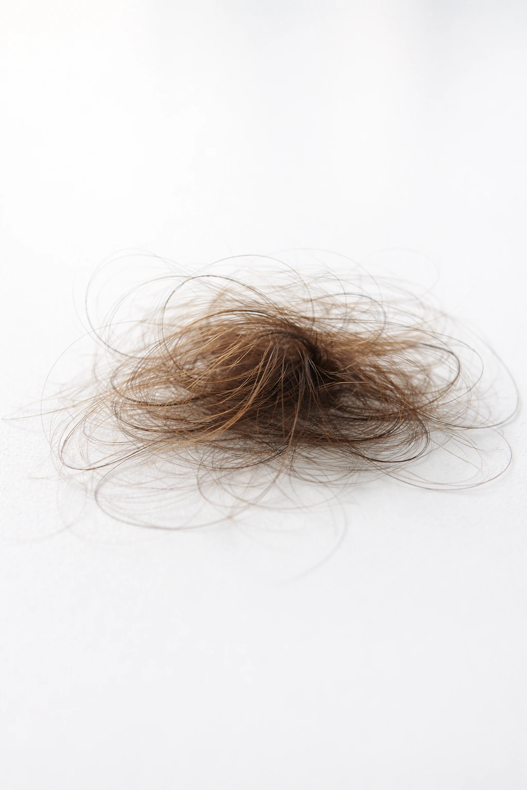 Small pile of loose hair strands on white surface summarizing hair shedding takeaways