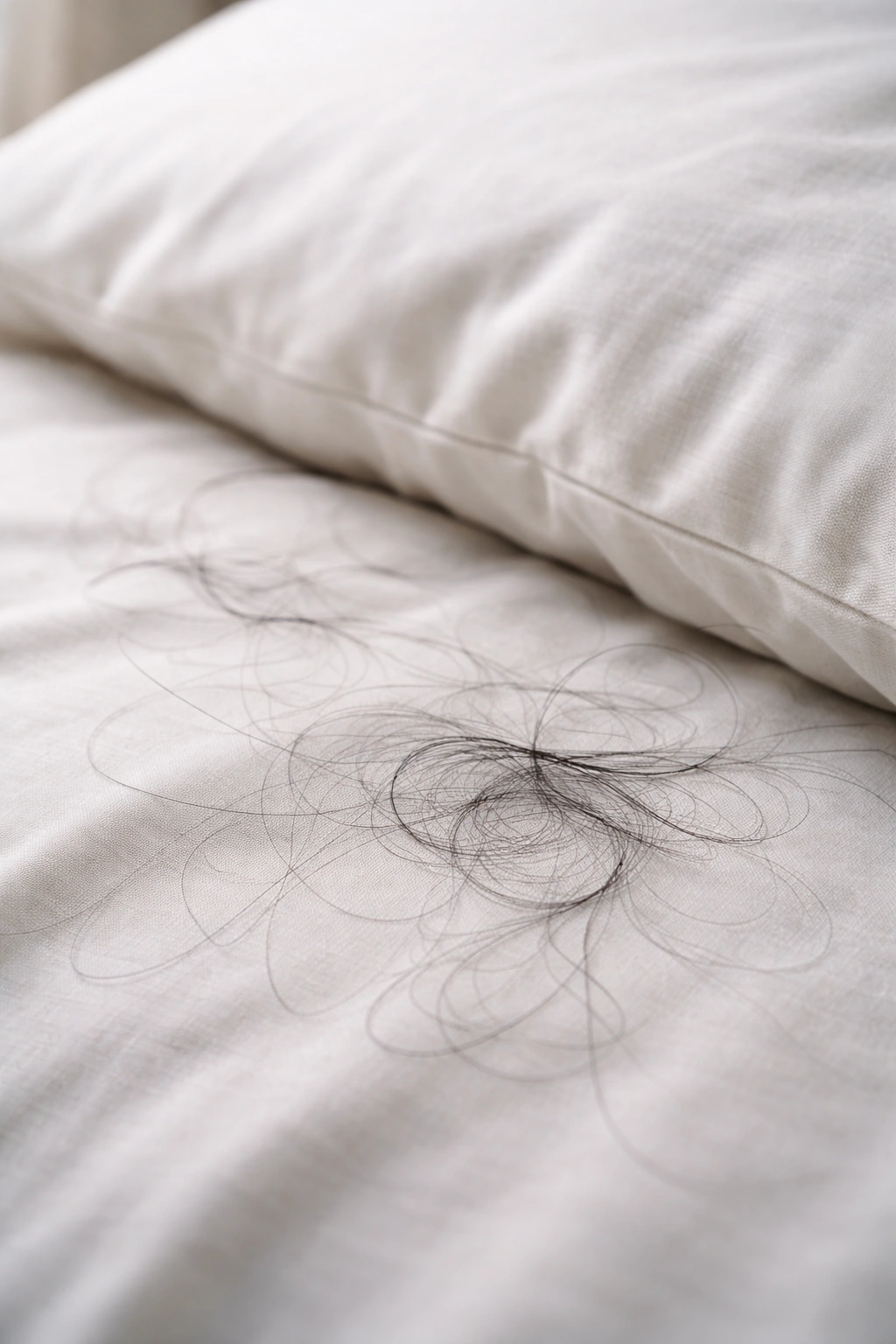 Loose hair strands on light fabric illustrating shedding during treatment