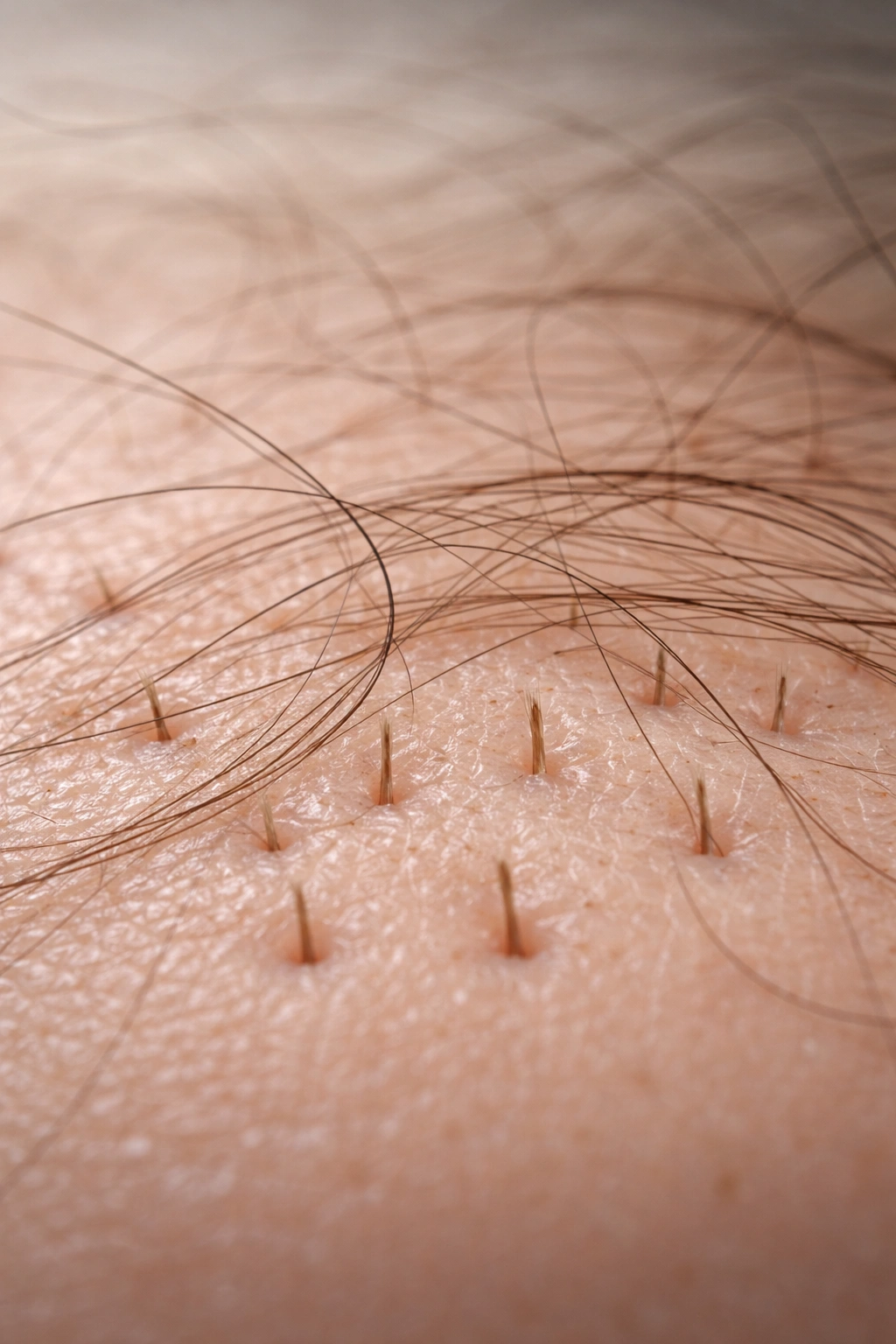 Close-up of scalp with loose hairs representing normal daily shedding