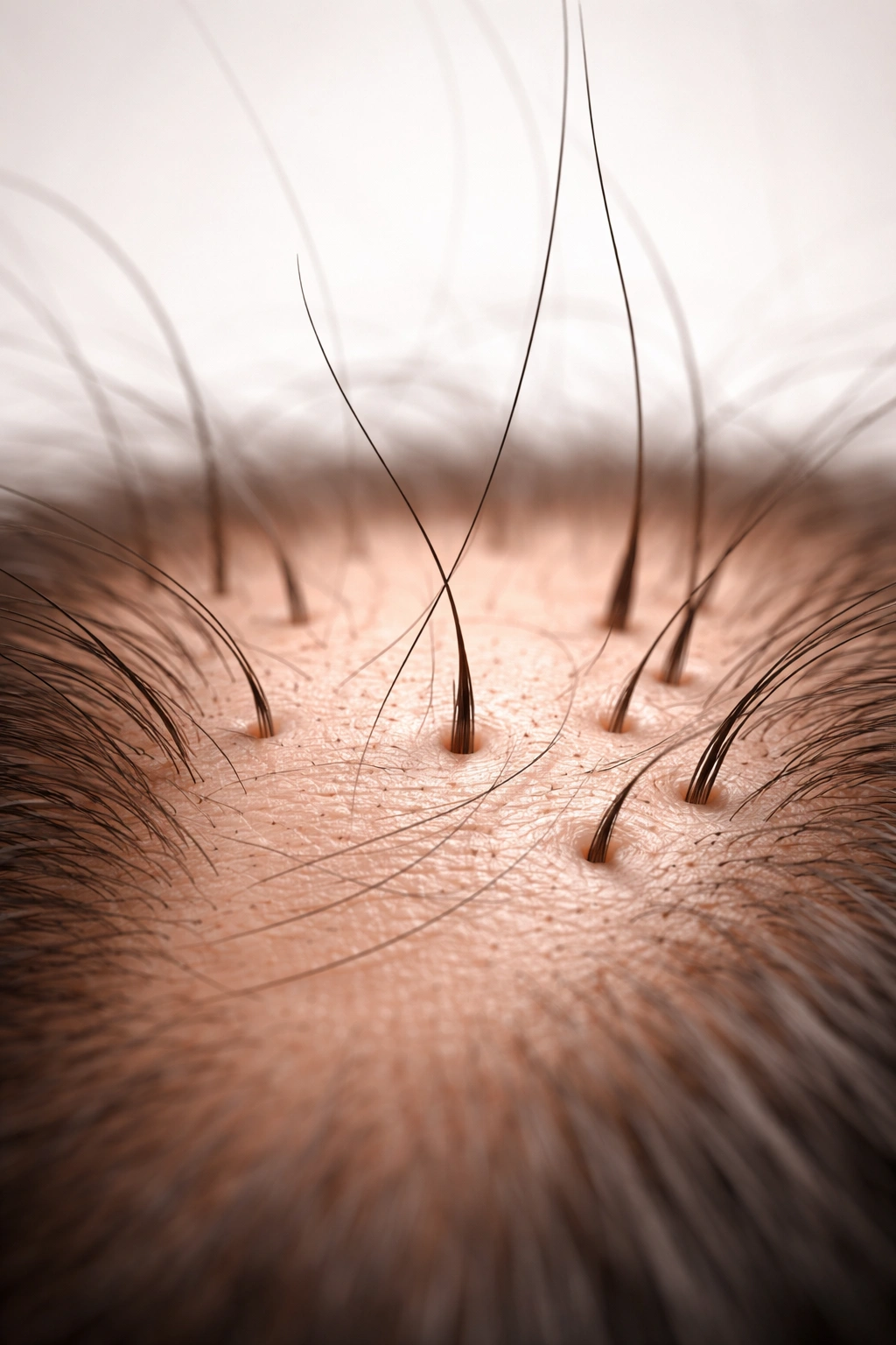 Close-up of scalp with loose hairs, illustrating normal daily shedding without text