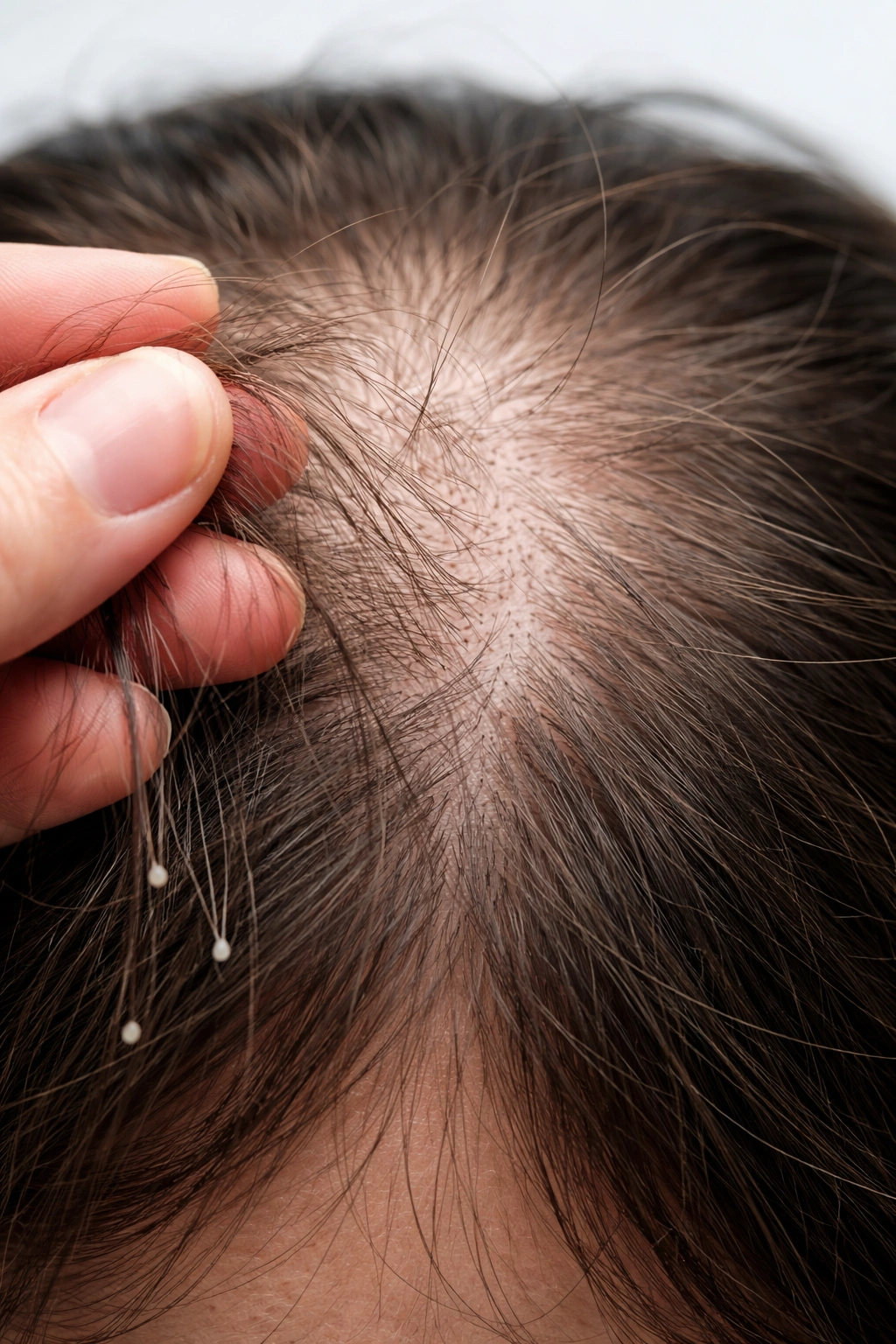 Scalp close-up with visible shedding hairs