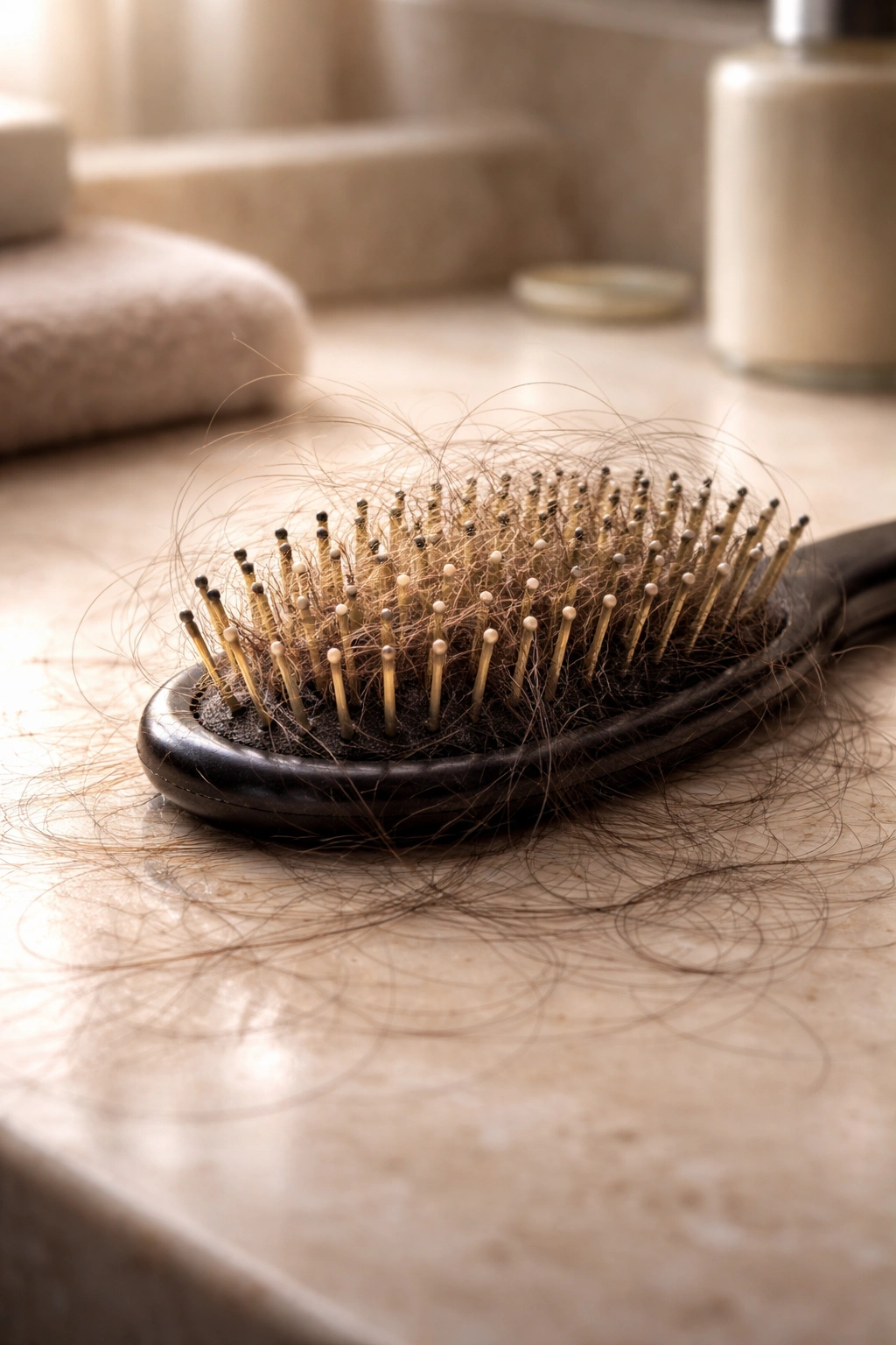 Hairbrush with scattered hairs on bristles