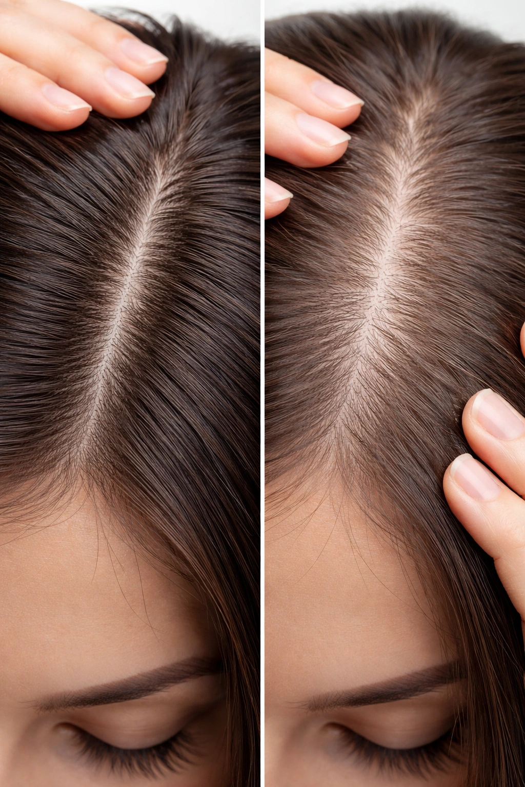 Close-up scalp showing normal shedding and subtle thinning patterns