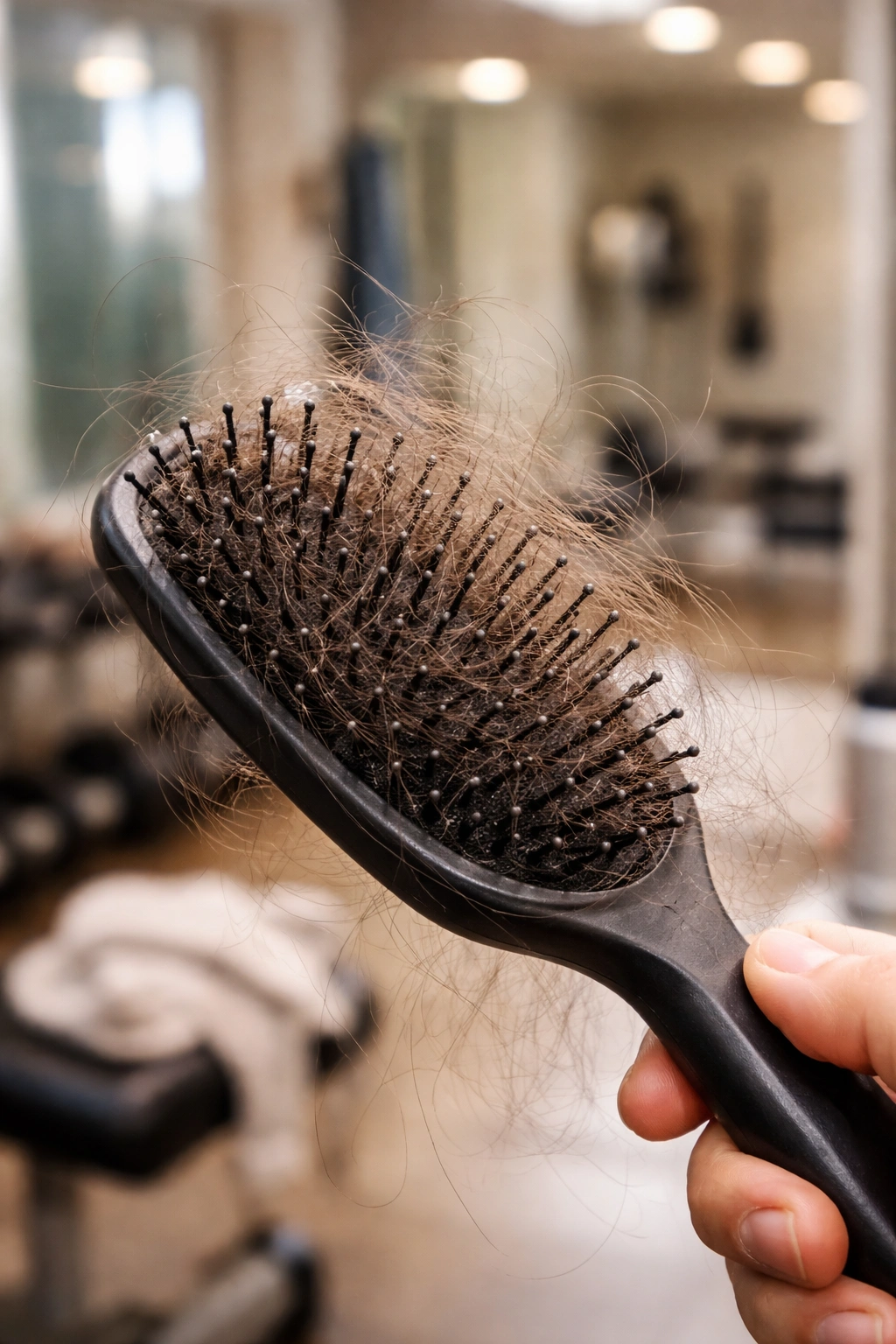 Hairbrush with loose hairs and gym or bathroom background