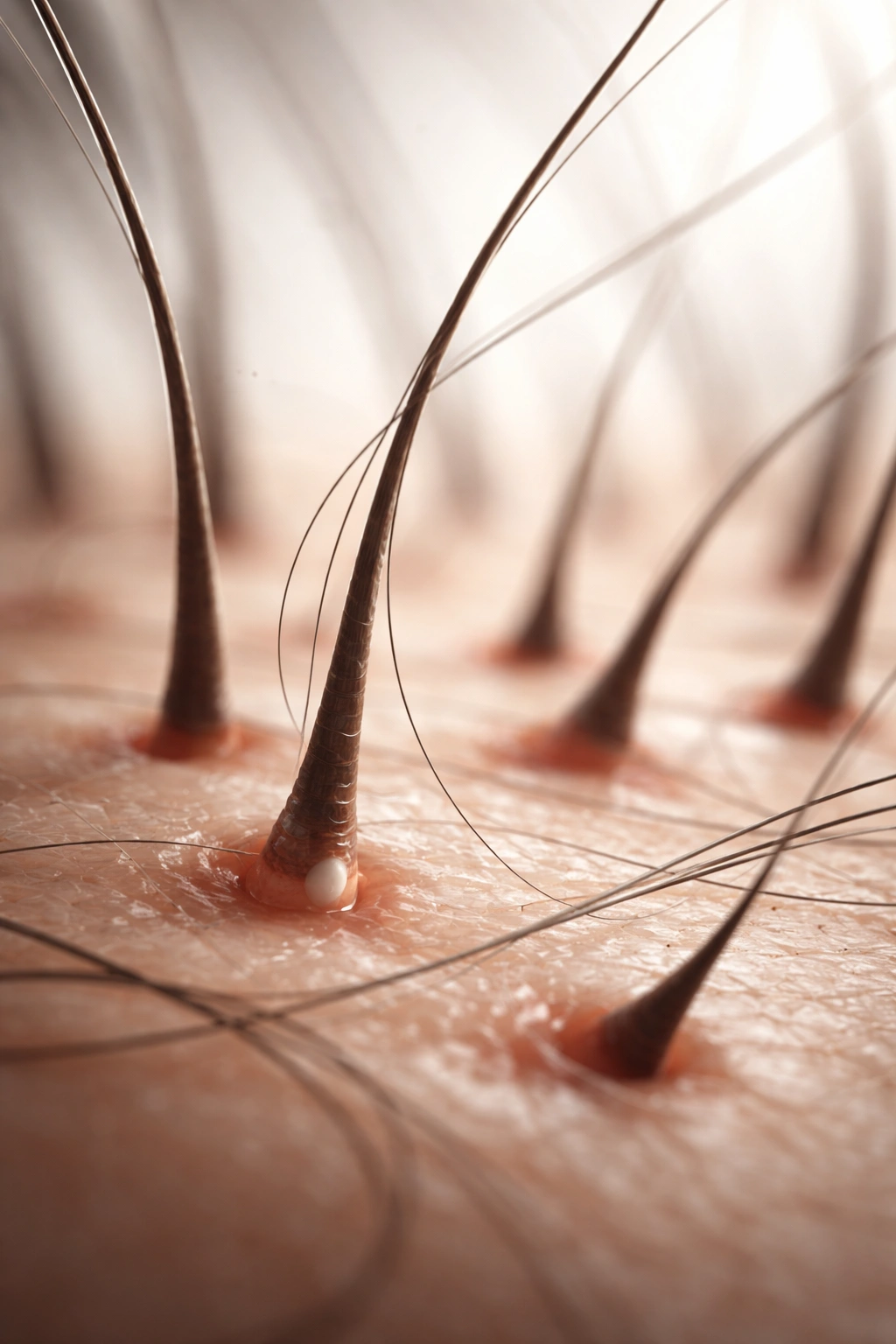 Macro close-up of a hair strand shedding from the scalp, illustrating causes of increased shedding