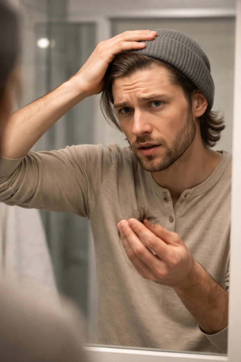 Person assessing hair in a mirror, worried about shedding