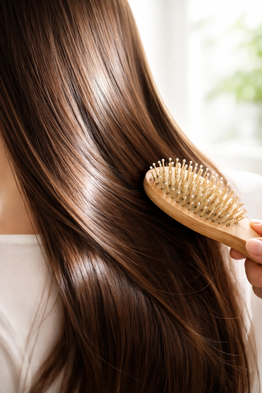 Long glossy hair strand showing natural shine and oil distribution with a hint of brushing.