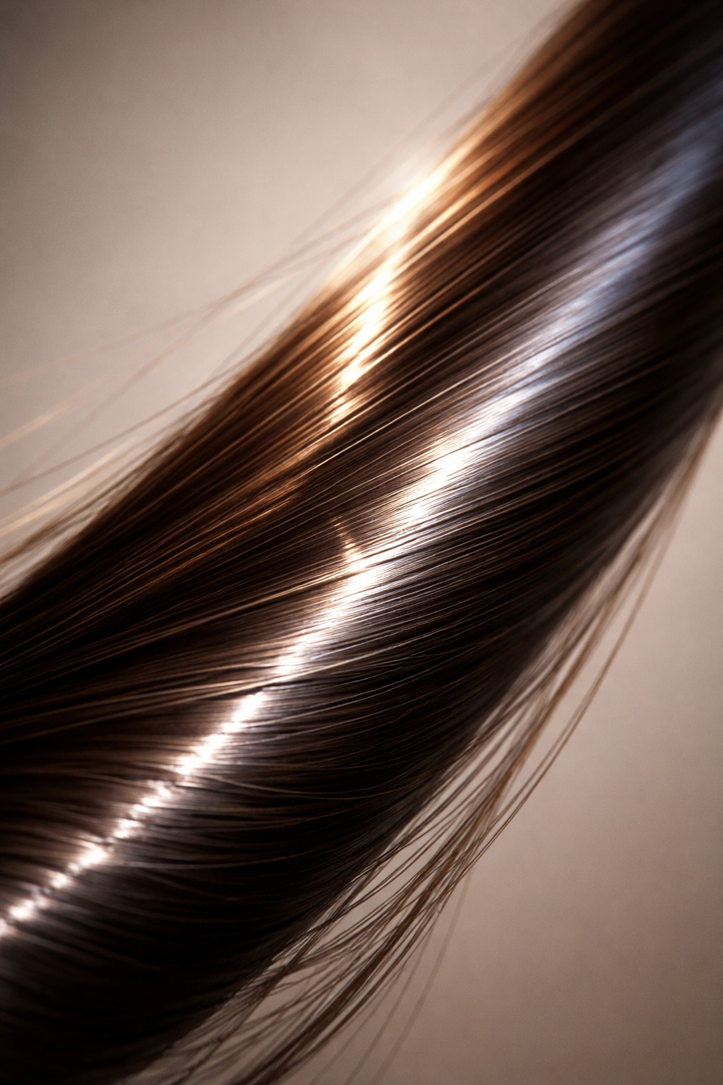 Macro close-up of a healthy hair strand with smooth cuticle