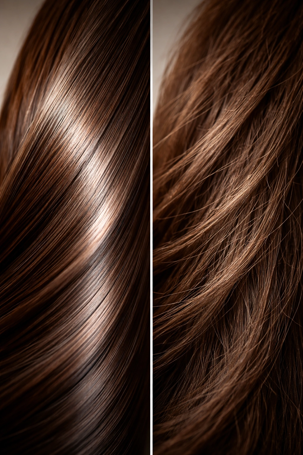 Close-up of shiny vs dull hair strands highlighting shine loss