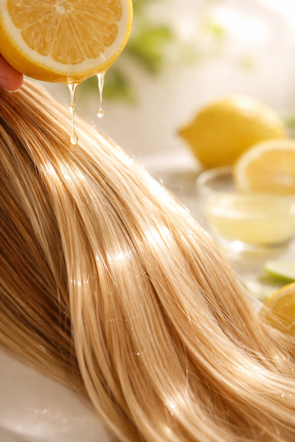 Glossy hair strand with sunlit glow illustrating lemon juice benefits