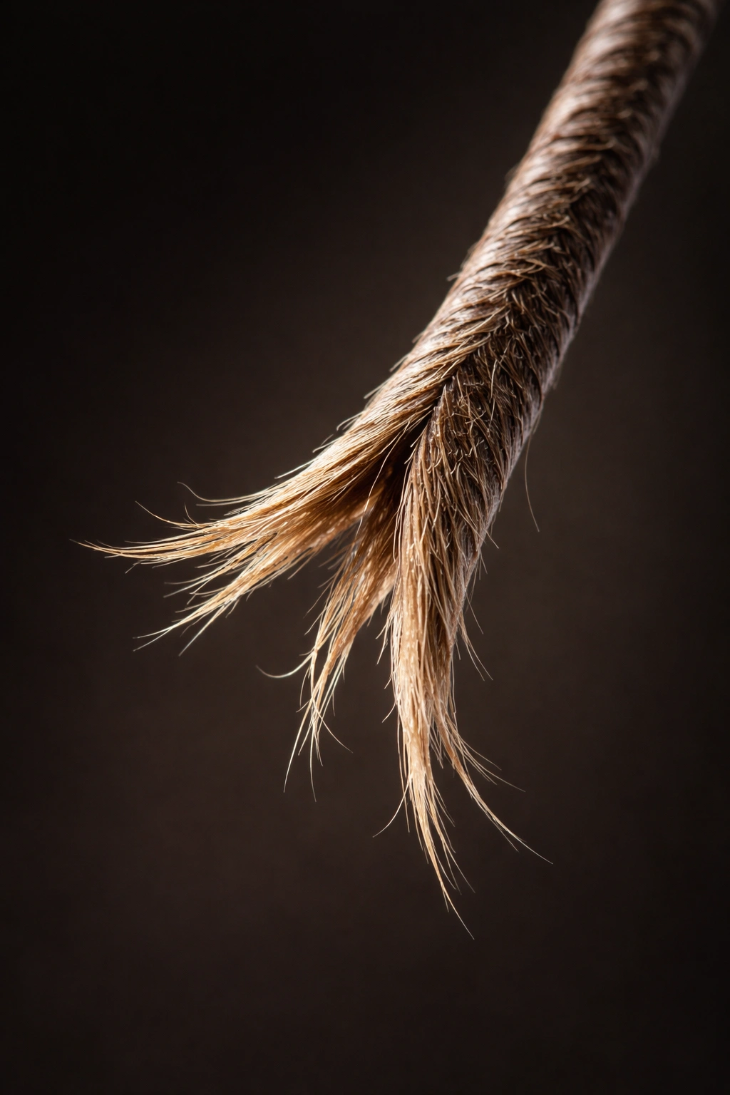 Close-up of a hair strand showing a split end under studio lighting
