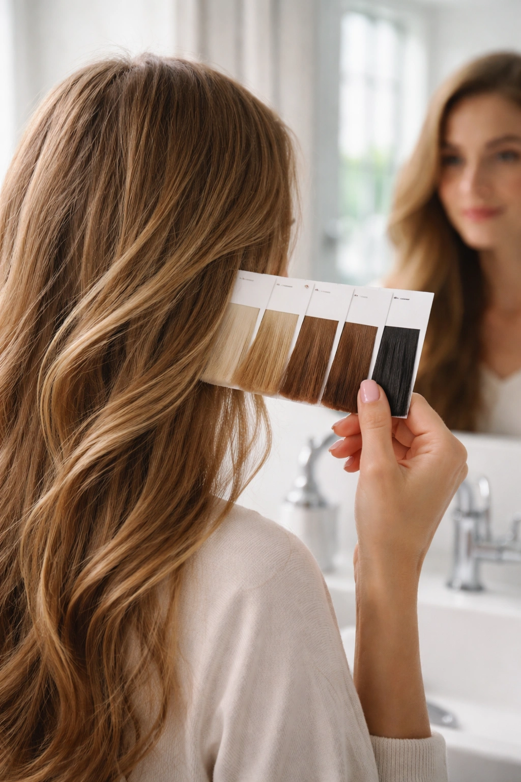 Person assessing natural hair color with color swatches in a bright bathroom
