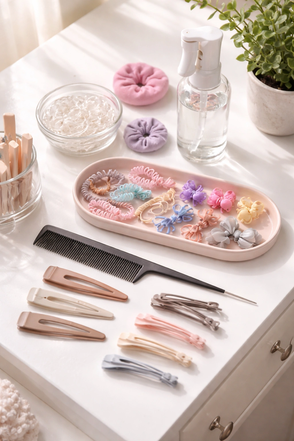Close-up of organized hair-styling essentials on a clean surface including elastics, comb, spray bottle, and no-slip clips