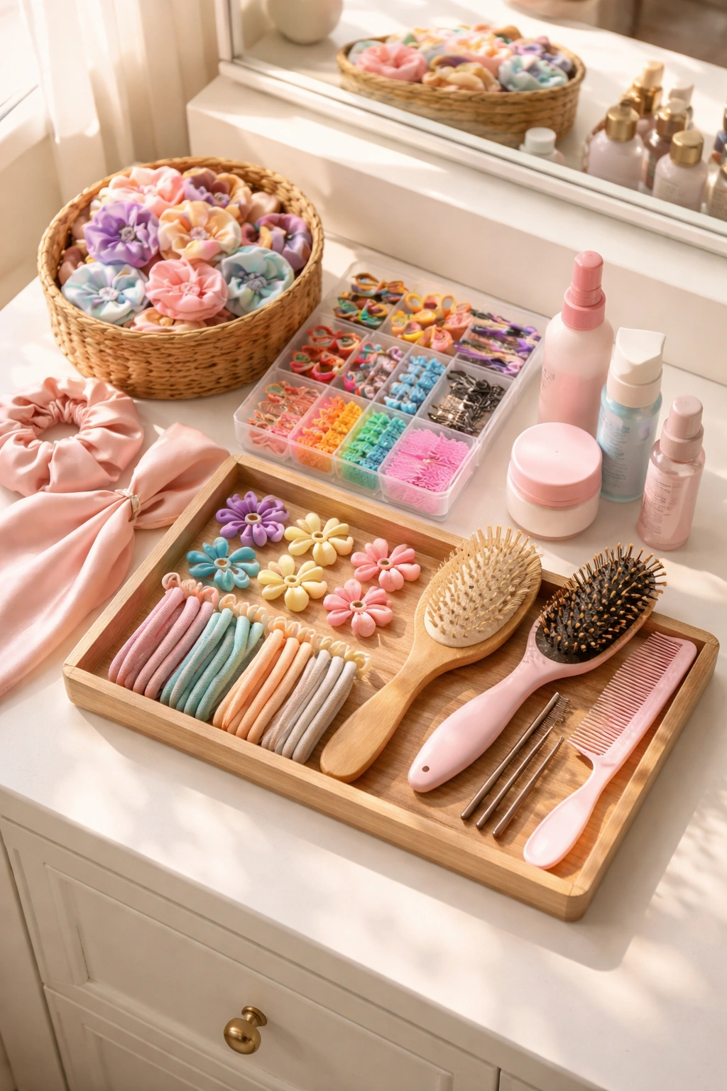 Organized hair station with elastics and clips