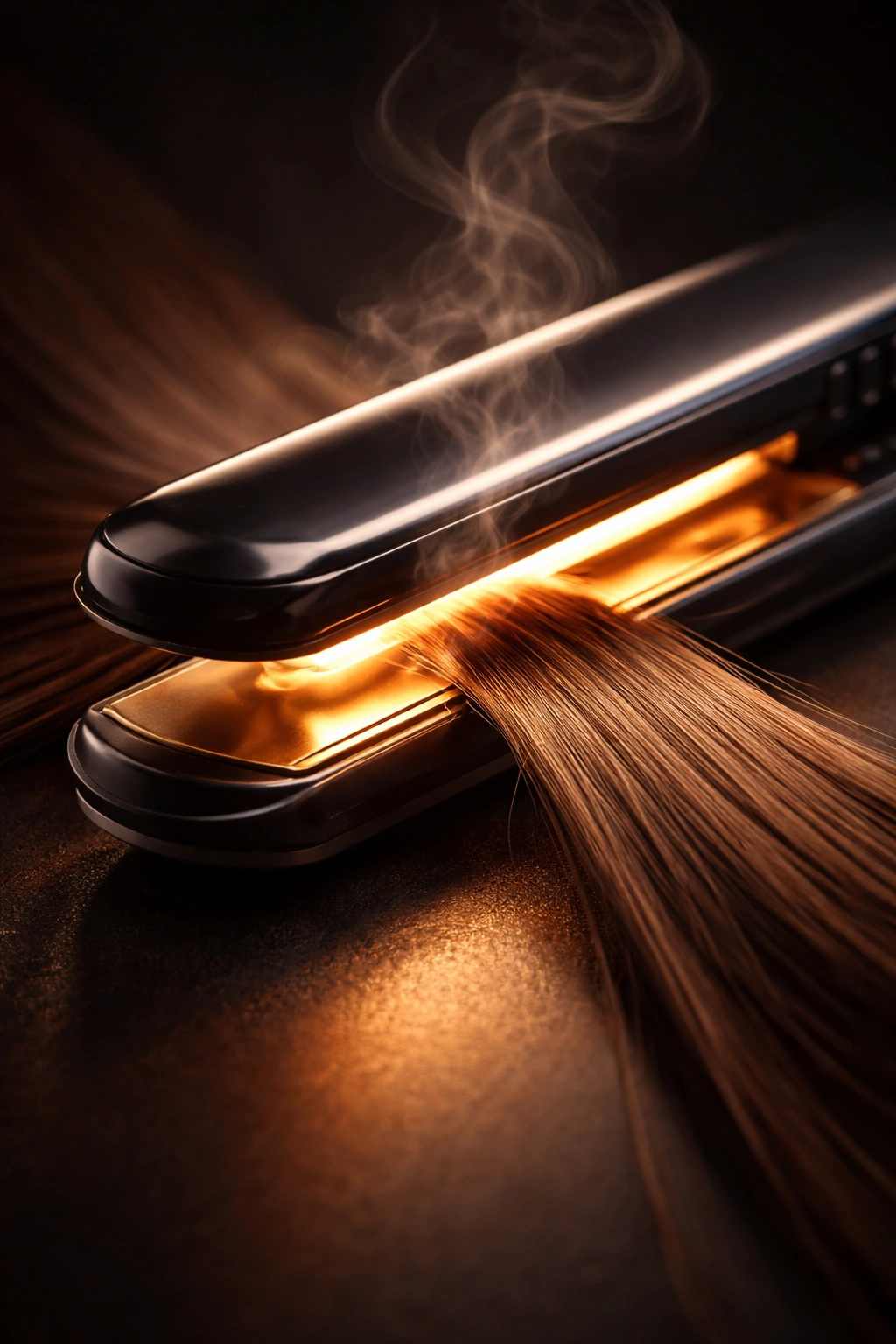 Close-up of a heated hair straightener with a strand between plates