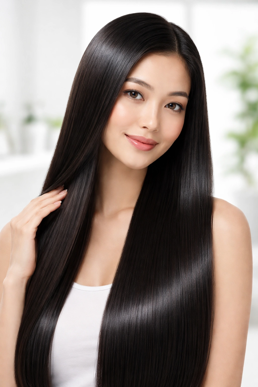 Portrait of a person with sleek, straight hair highlighting low-maintenance styling.