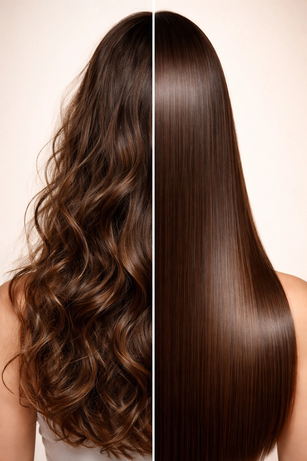 Single hair strand transitioning from wavy to straight, illustrating treatment comparison