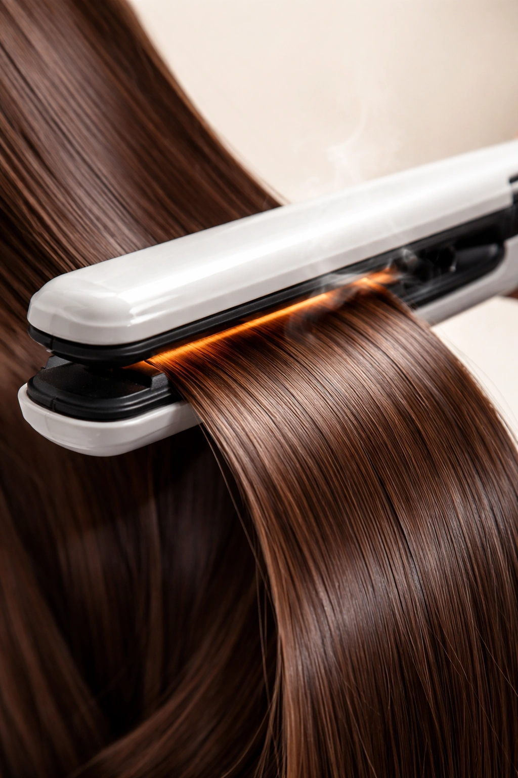 Close-up of hair being straightened with a ceramic flat iron