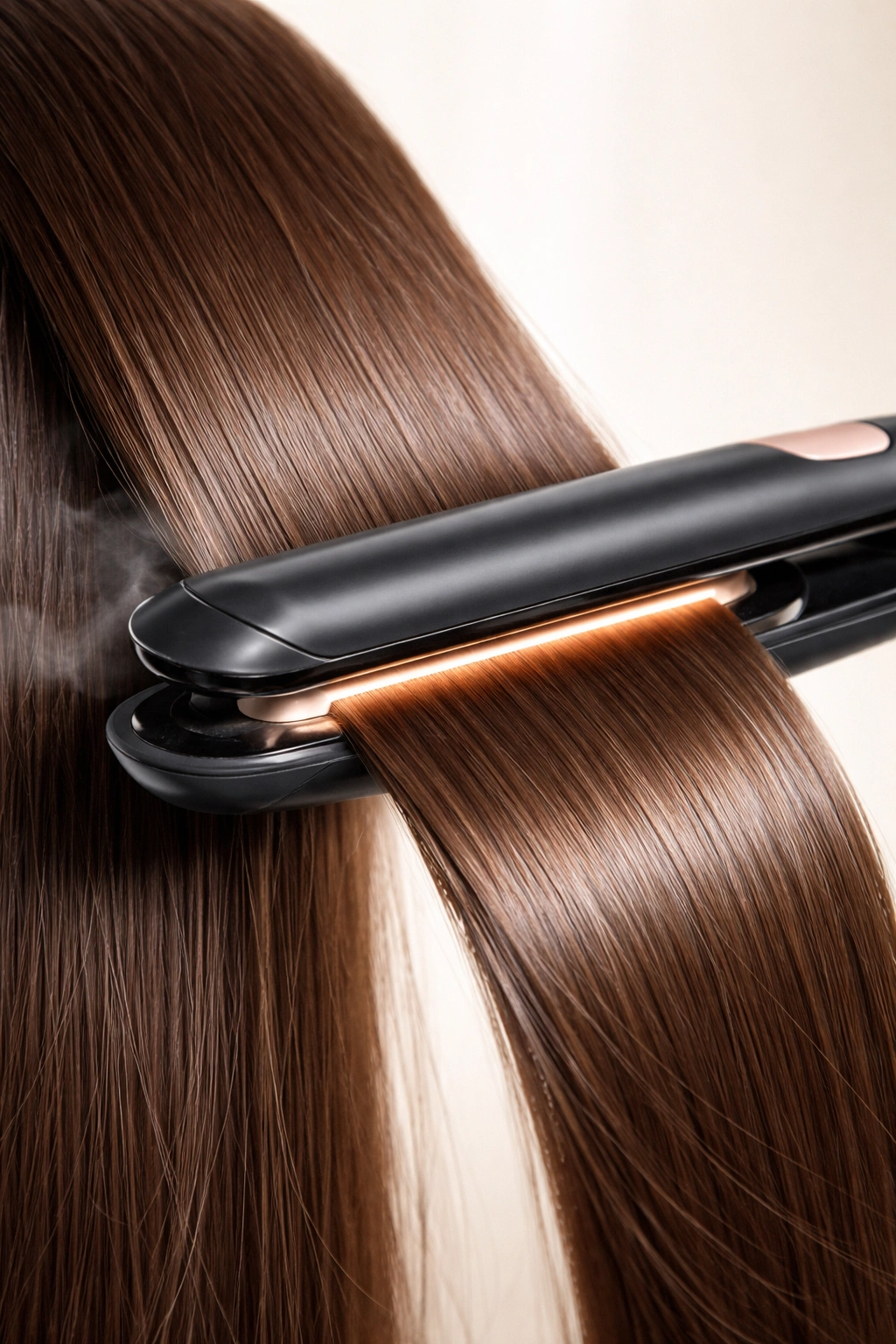 Close-up of hair being straightened with a flat iron showing smooth, shiny strands.