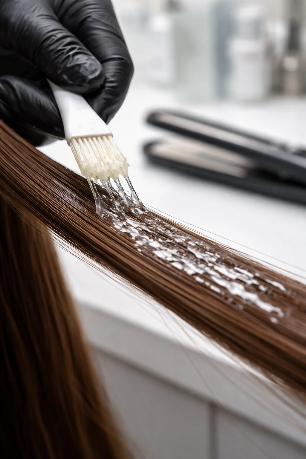 Macro close-up of hair strand during chemical treatment for straightening.