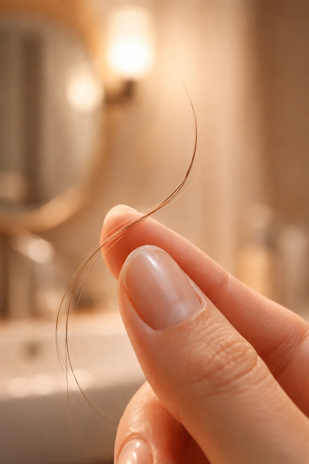 Close-up of a hair strand held by a fingertip with warm bathroom light
