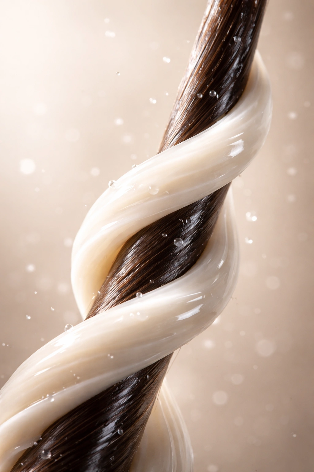 Close-up of a healthy hair strand with conditioner coating against a neutral backdrop.