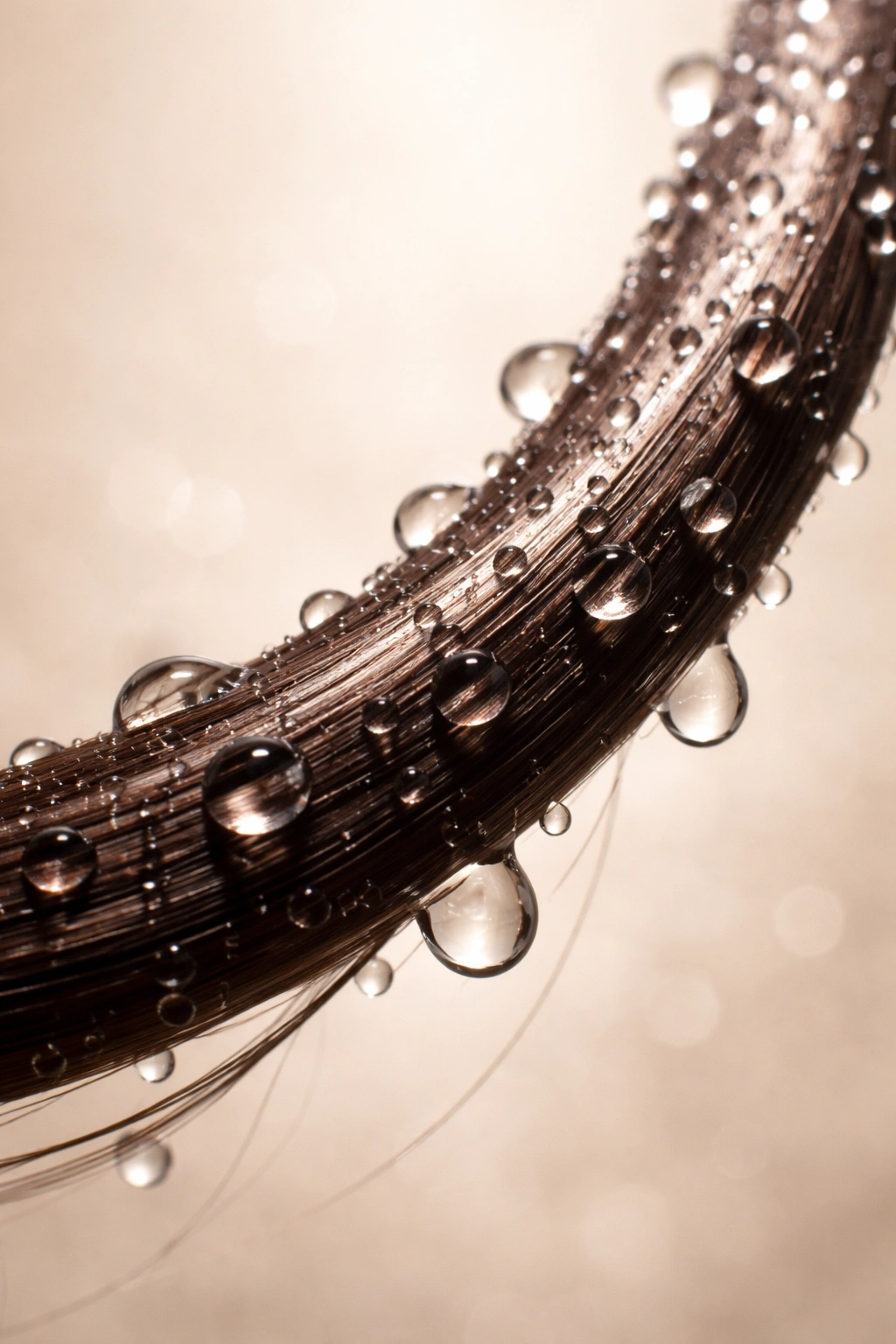 Macro shot of a single hair strand with water droplets