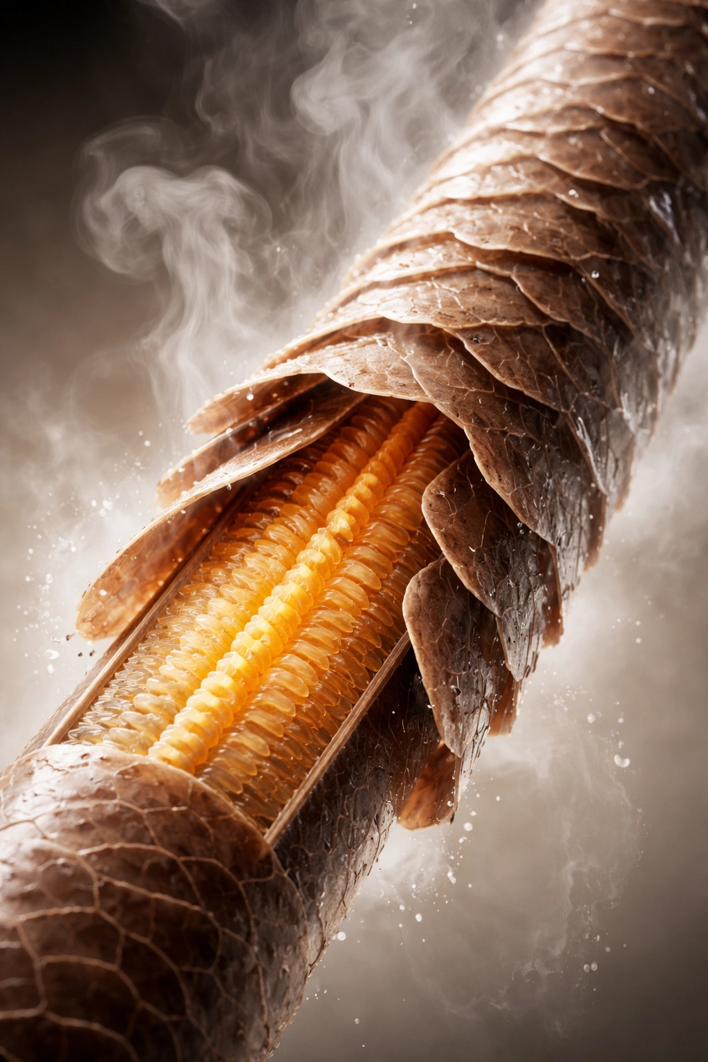 Close-up cross-section of a hair strand showing cuticle layers and keratin.
