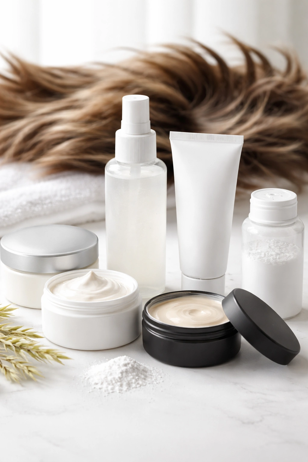 Row of unlabeled containers for hair styling alternatives with hair texture in background