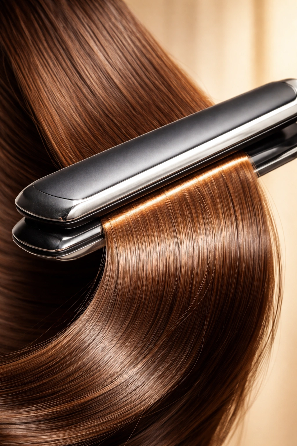 Hair strand smoothed by a flat iron showing sleek straight results