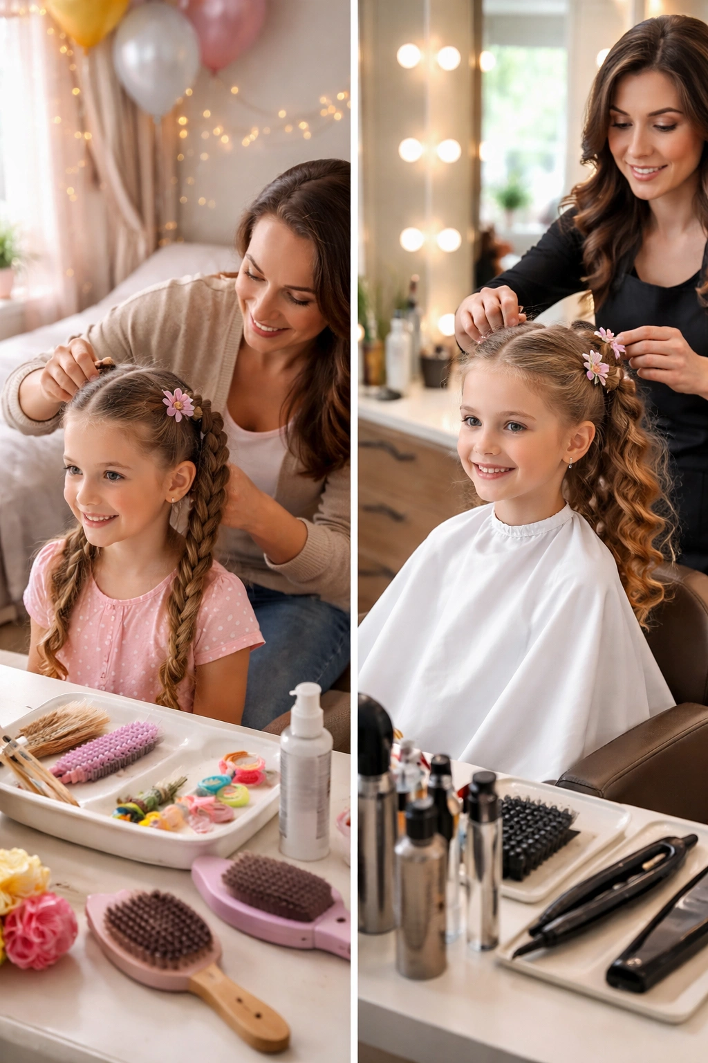 Split-scene showing at-home hair styling by a parent and professional salon styling setup for a birthday hairstyle