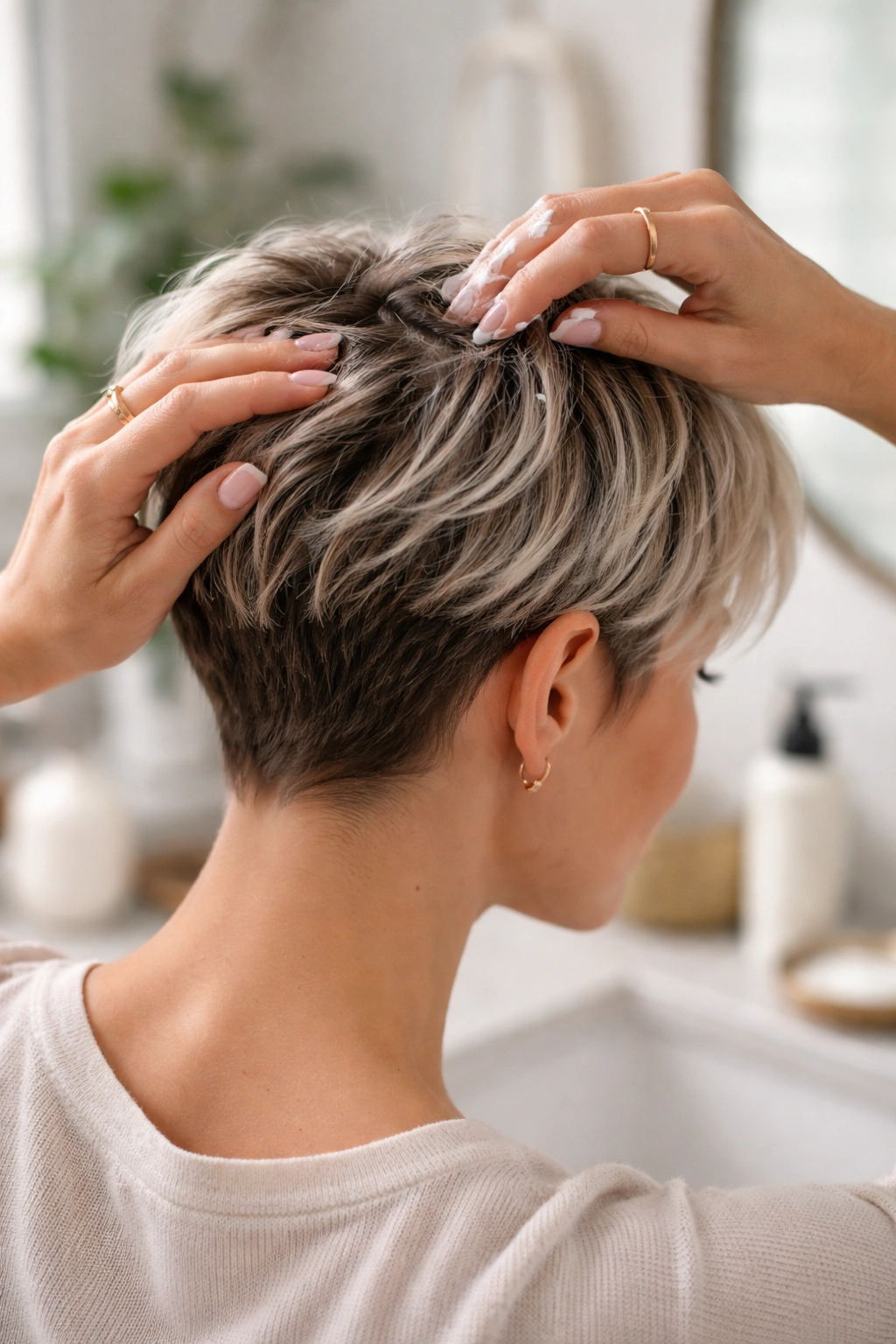Hands applying hair product to a pixie-cut head in a bathroom vanity