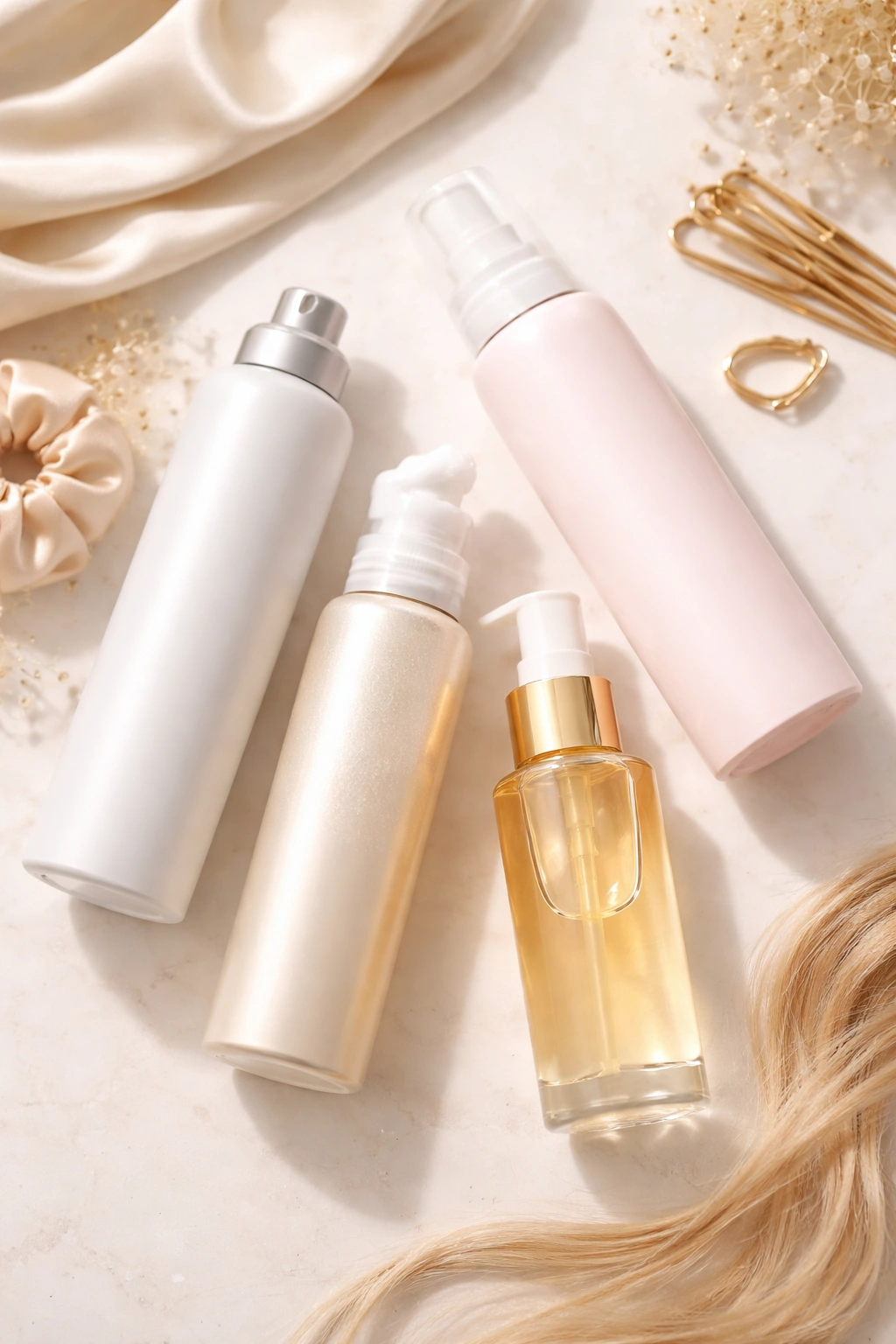 Flat lay of unlabeled hair styling products.