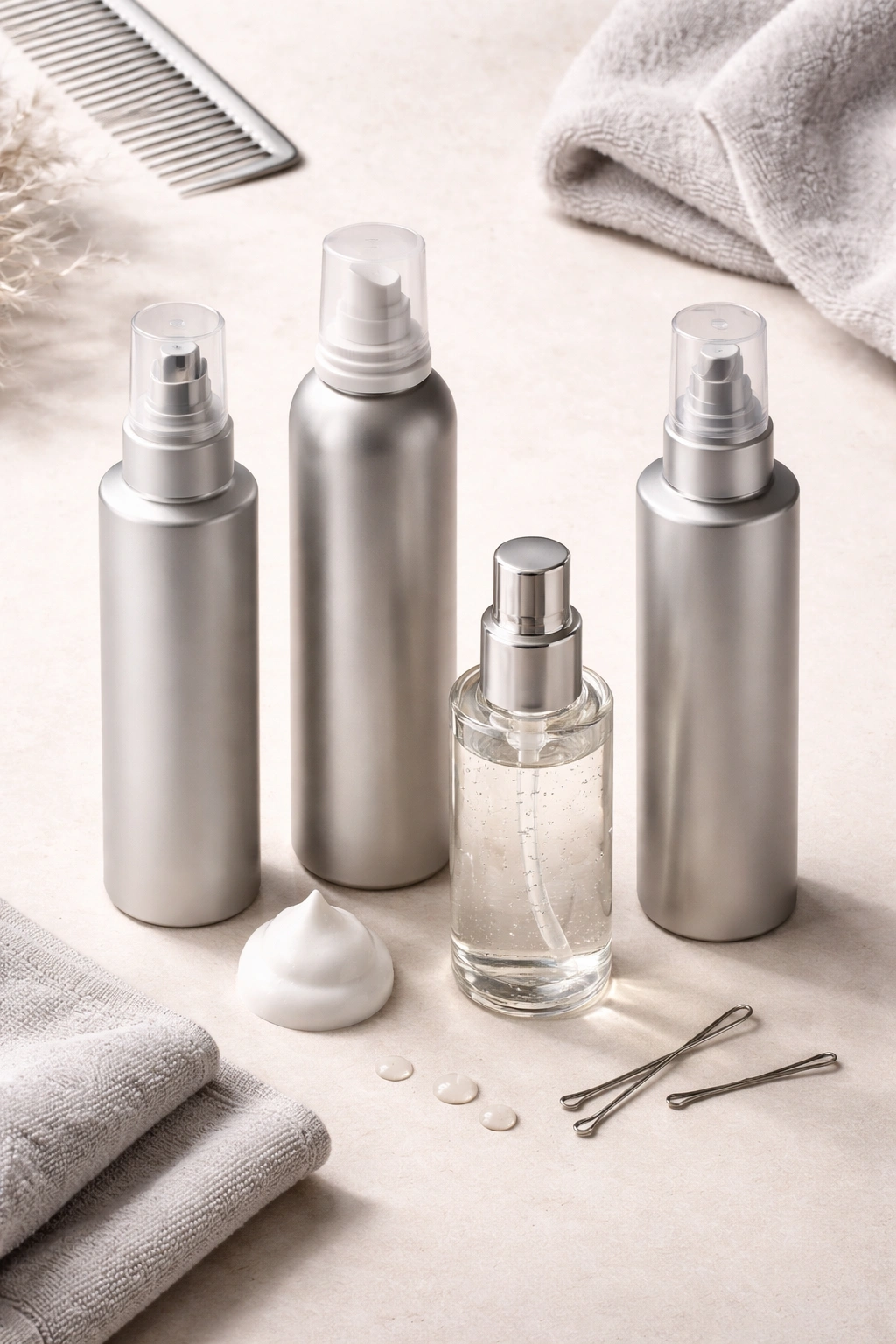 Flat lay of unlabeled gray hair styling products on neutral surface